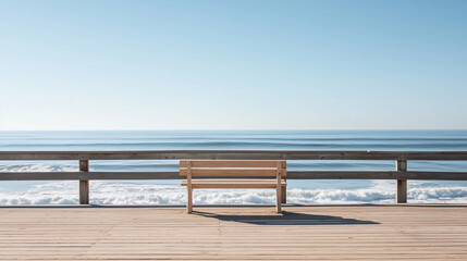 Peaceful pier with a wooden bench to watch the waves