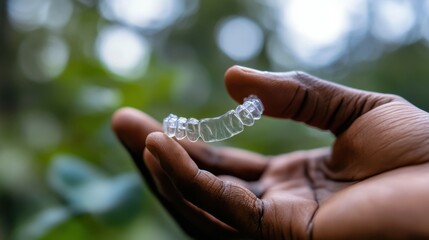 Fototapeta premium close-up photo of a man's hand holding a transparent aligner, emphasizing the importance of dental health and orthodontic treatment for bruxism.