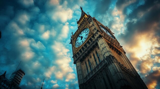 Iconic Big Ben Tower, London Sunset, Dramatic Clouds, Architectural Landmark, Stock Photo