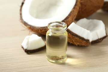 Bottle of coconut oil on the table