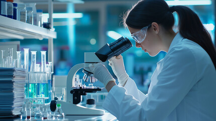 A woman scientist using a microscope in a modern laboratory setting
