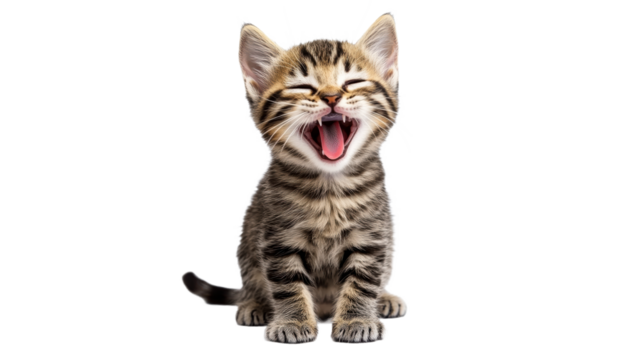 Happy striped kitten yawning with open mouth