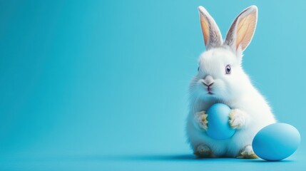 Obraz premium Easter bunny rabbit with blue painted egg on blue background. Easter holiday concept.