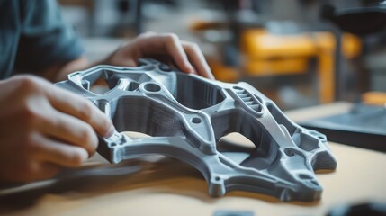 Close-up of engineer holding an object from a 3D printer in workshop