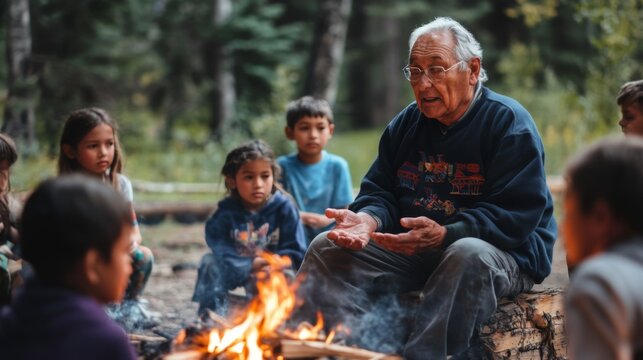 Indigenous Elder Sharing Story Around Campfire