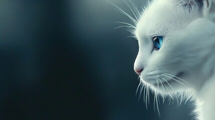  A close-up photo captures a snowy white cat with vibrant blue eyes and lush whiskers, gazing out into the distance