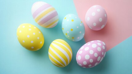 easter eggs on colorful background. top view