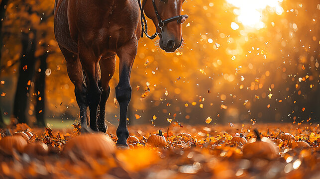 Halloween Horse and orange pumpkins in the forest, symbol of 2026