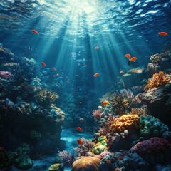 Fototapeta premium Underwater coral reef ecosystem teeming with colorful marine life, vibrant fish, crystal-clear blue waters, sunbeams penetrating the ocean surface, hyper-detailed 8K realism 