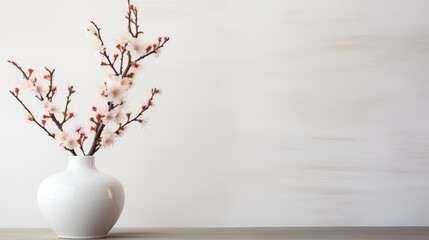 Fond blanc pour mock-up, conception et création graphique. Décoration vase, fleurs. Arrière-plan épuré, vide.