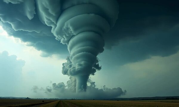 Massive swirling tornado funnel cloud forming in the sky with dark storm clouds creating a dramatic and intense extreme weather phenomenon. 