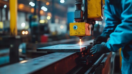 Industrial laser cutting, worker operating machine, factory background, for use in manufacturing articles