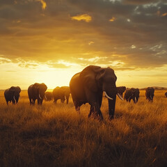 Wild elephant herd walking through the African savannah, golden sunset in the background, majestic presence, high-resolution textures, cinematic realism, ultra-HD 8K 
