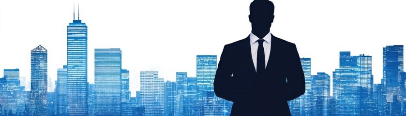 Silhouette of a businessman against a city skyline backdrop.