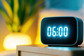 Modern digital alarm clock displaying 06:00 on a stylish wooden nightstand in soft morning light