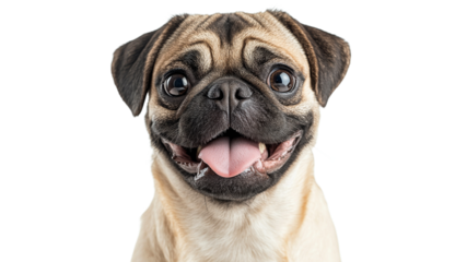 Pug dog with joyful expression on white background