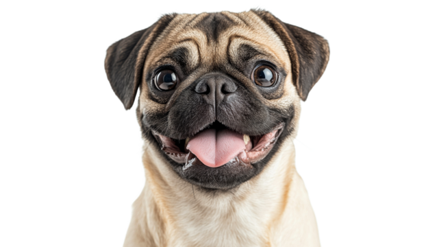 Pug dog with joyful expression on white background