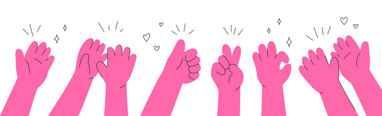 Applause. Colorful doodle hands clapping and showing thumbs up, appreciation and approval. Voting, respect, celebration or happy congratulation. Hands up gestures comic icons. Hand drawn vector