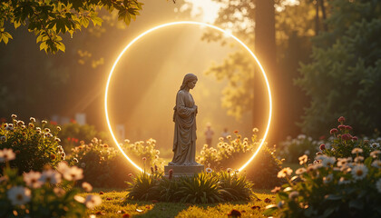 Sacred Statue Surrounded by Mystical Light Ring