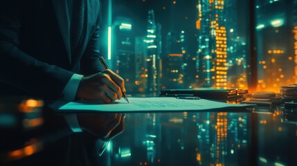 Businessman signing contract at night, city skyline background.  Successful deal, agreement concept.