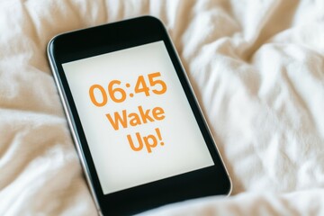 Smartphone alarm clock displaying 0645 wake up reminder on soft bed with gentle morning light