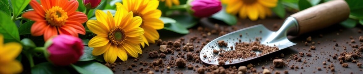 Close-up of vibrant flowers and gardening trowel, planting, green