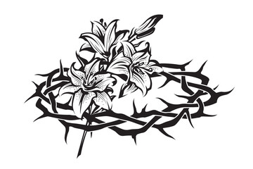 black crown of thorns with bouquet of lilies isolated on white background