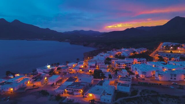 Aerial night view of La Isleta del Moro, Cabo de Gata-N&iacute;jar Natural Park, Almeria, Andalusia, Spain