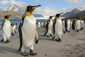 Obraz premium A lively scene of numerous king penguins walking gracefully along the beach