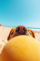 Obraz premium Curious dog with yellow ball at sunny beach with blue sky and ocean in background,An immersive look