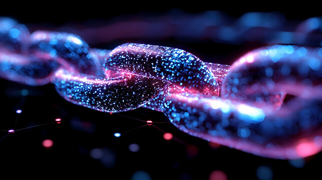Glowing digital blockchain chain with neon blue and pink lights, symbolizing security, decentralization, and technology in a futuristic cyber concept. Close-up