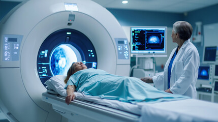 Modern Hospital Radiology Room with MRI Scanner and Medical Team
