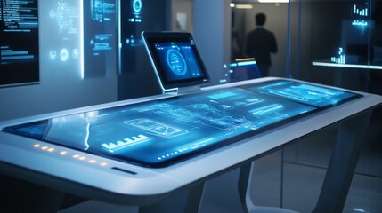 Futuristic interactive table in a modern tech office