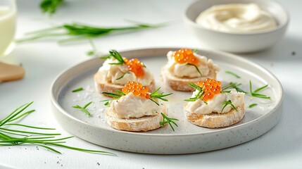   A plate of creamy crackers, topped with a citrus garnish