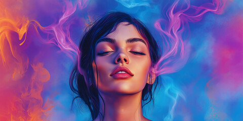 Creative Fine Art Portrait of a Beautiful Woman Blended with Dreamy, Swirling Colorful Mist