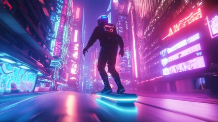 Futuristic skater in neon city;  Night scene;  Cyberpunk style;  Possible use for video game/movie advertisement