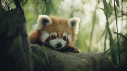 Fototapeta premium Adorable Red Panda Relaxing on a Rock Surrounded by Greenery