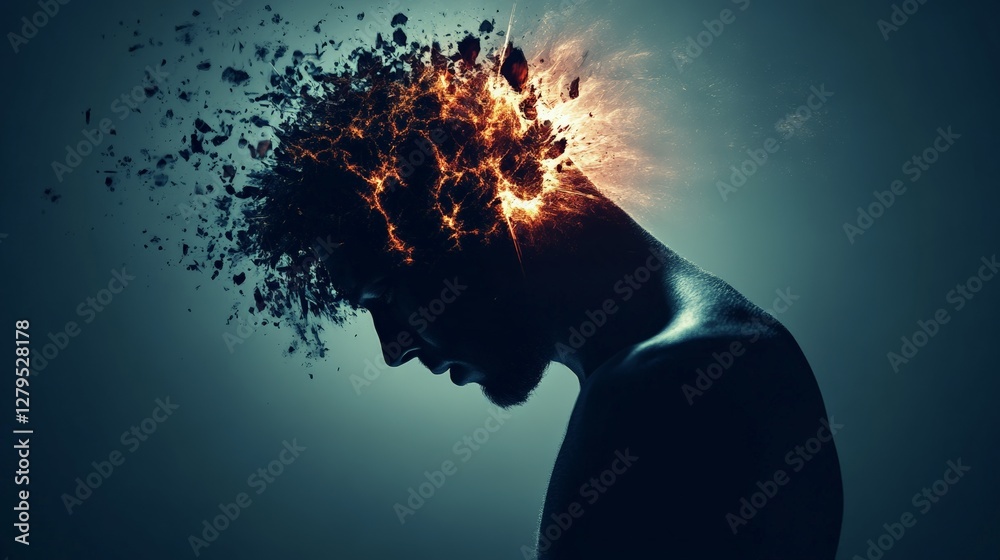 Poster man suffering from burnout with head exploding because of information overload, experiencing migrain