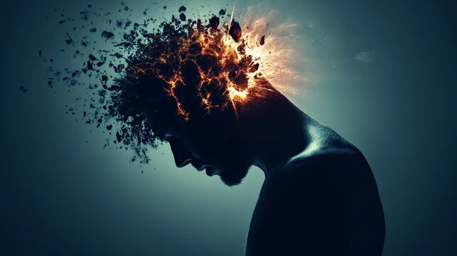 Man suffering from burnout with head exploding because of information overload, experiencing migraine, stress, dementia and too many thoughts