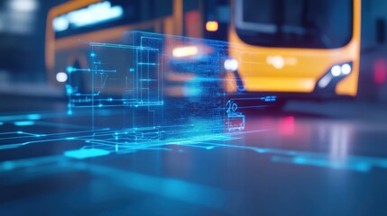 Innovative public transport bus features urban city digital concept futuristic environment close-up view smart technology