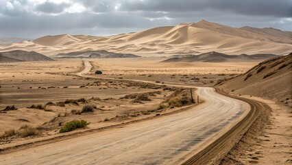 Desert Road Winding Through Sand Dunes Under a Clear Sky