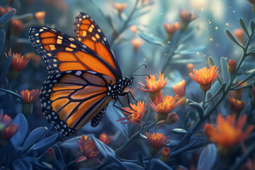 A majestic Monarch butterfly with vibrant orange wings, intricate black veins, and delicate white spots gracefully perched on bright summer flowers in full bloom