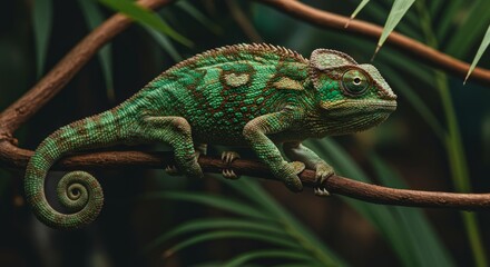 Fototapeta premium Captivating Chameleon: A close-up portrait in its lush natural habitat