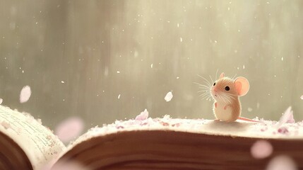   A book with a mouse on top and a clear foreground