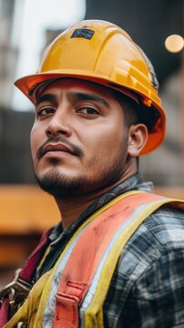 A Latino construction worker stands at a bustling construction site, wearing a hard hat and safety gear. His focused expression captures the dedication and hard work of the day