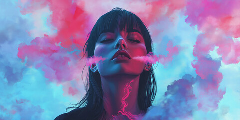 Cinematic and Mysterious Portrait of a Young Woman Emerging from a Colorful Cloud of Smoke