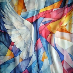 Fototapeta premium A beautifully crafted silk handkerchief showcases a striking abstract design. Colorful geometric shapes intertwine with a prominent angel wing, creating a dynamic and eye-catching effect