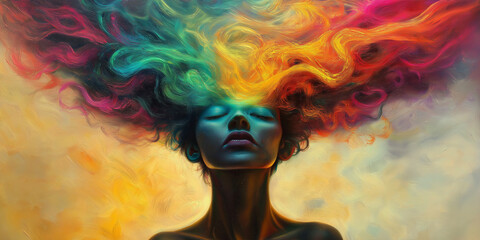 Fashion-Inspired Conceptual Portrait of a Woman with Dramatic Colorful Smoke Effects