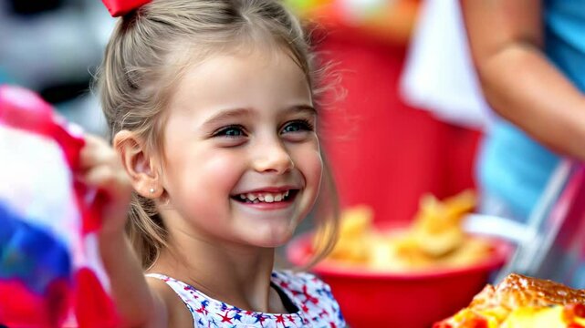 Smiling little girl waving a US flag at a parade.