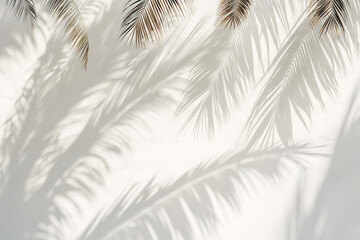 Obraz premium A minimalist white wall adorned with the soft, dappled shadows of tropical palm leaves